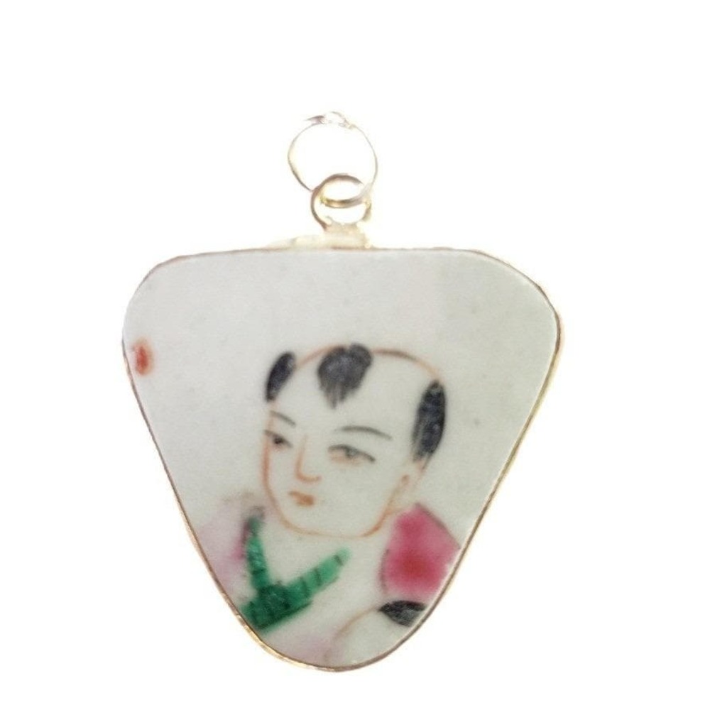 Vintage Porcelain Tile Pottery Shard Pendant Hand Painted Chinese Monk Portrait
